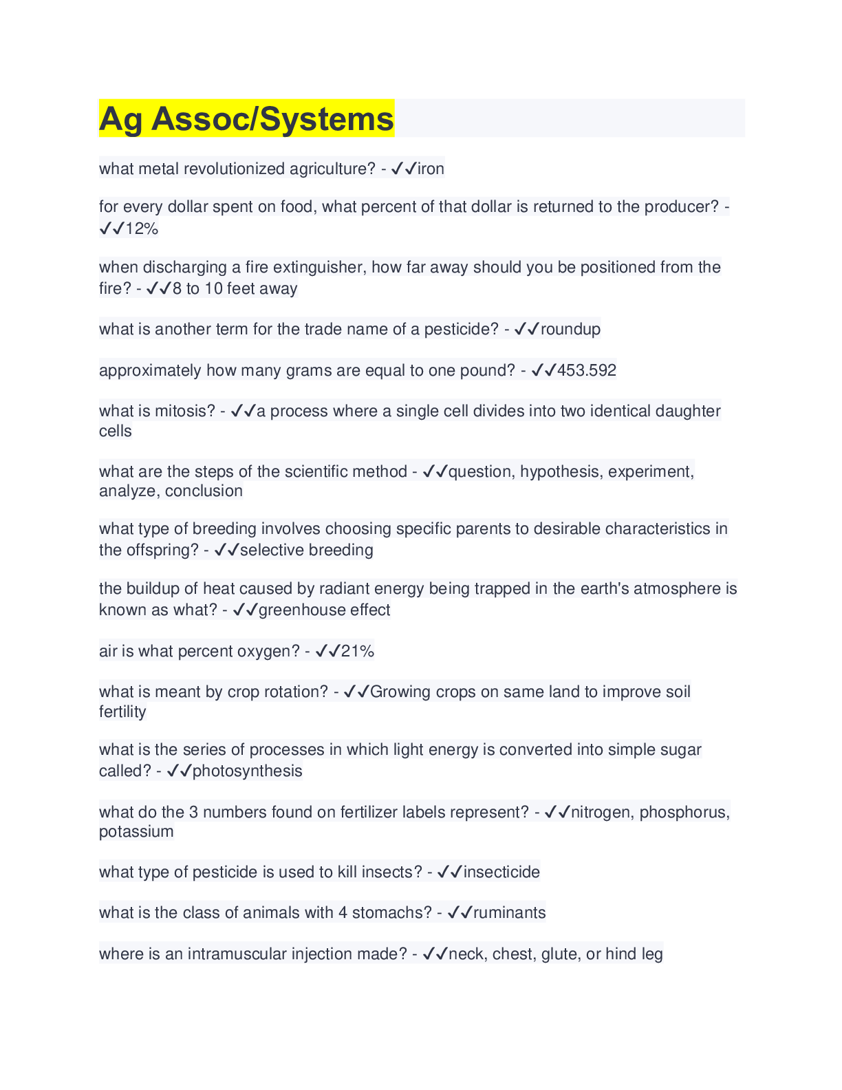 Preview image of Ag Assoc/Systems | 100% Correct Answers document